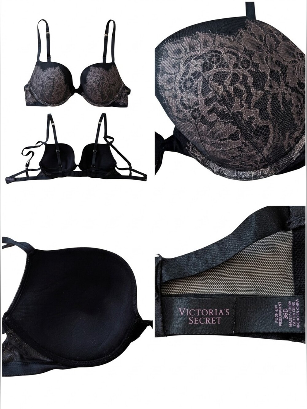 Victoria’s Secret Very Sexy Push-Up Bra, Black Lace, Size 36D